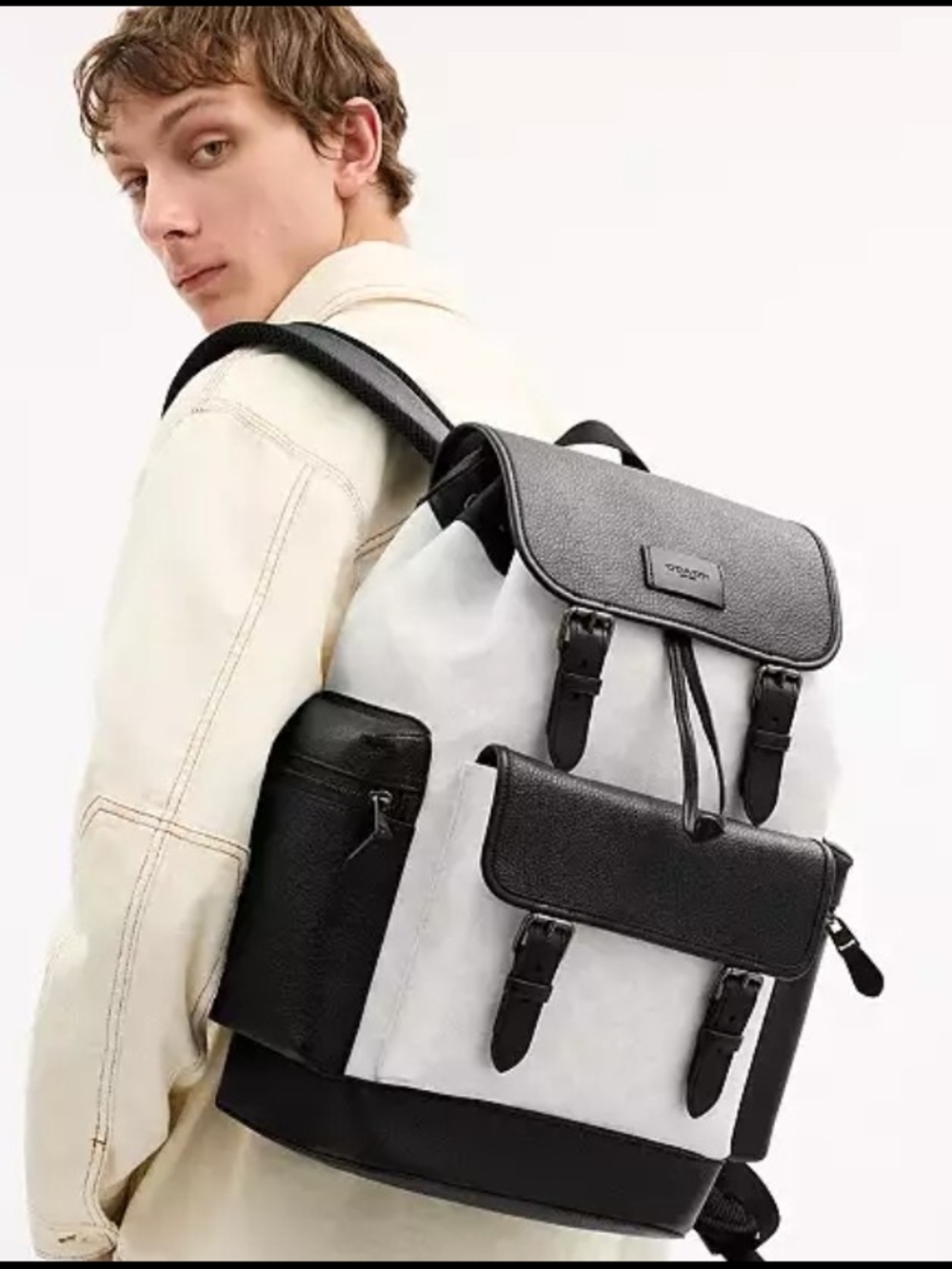 Coach White Canvas and Black Leather Contrast Backpack - Picture 2 of 4